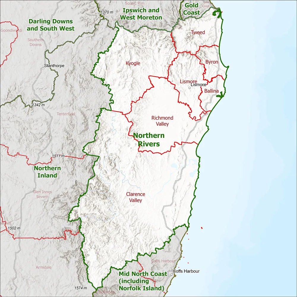 Map of usual live cattle pickup corridors from Northern Rivers and New England toward Stanthorpe abattoir